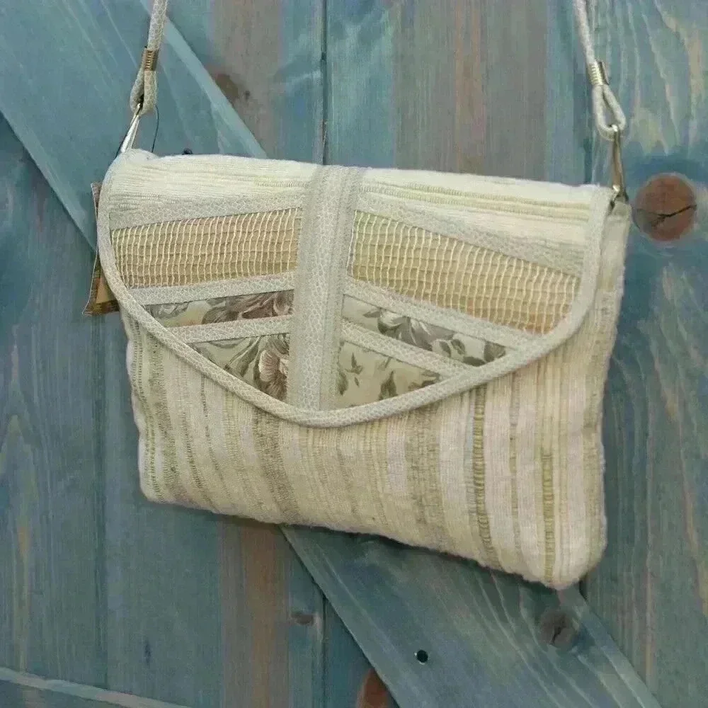 Set of 2 1980s Vintage Bohemian Purses Clutch Patchwork Fringe Fibers Crossbody